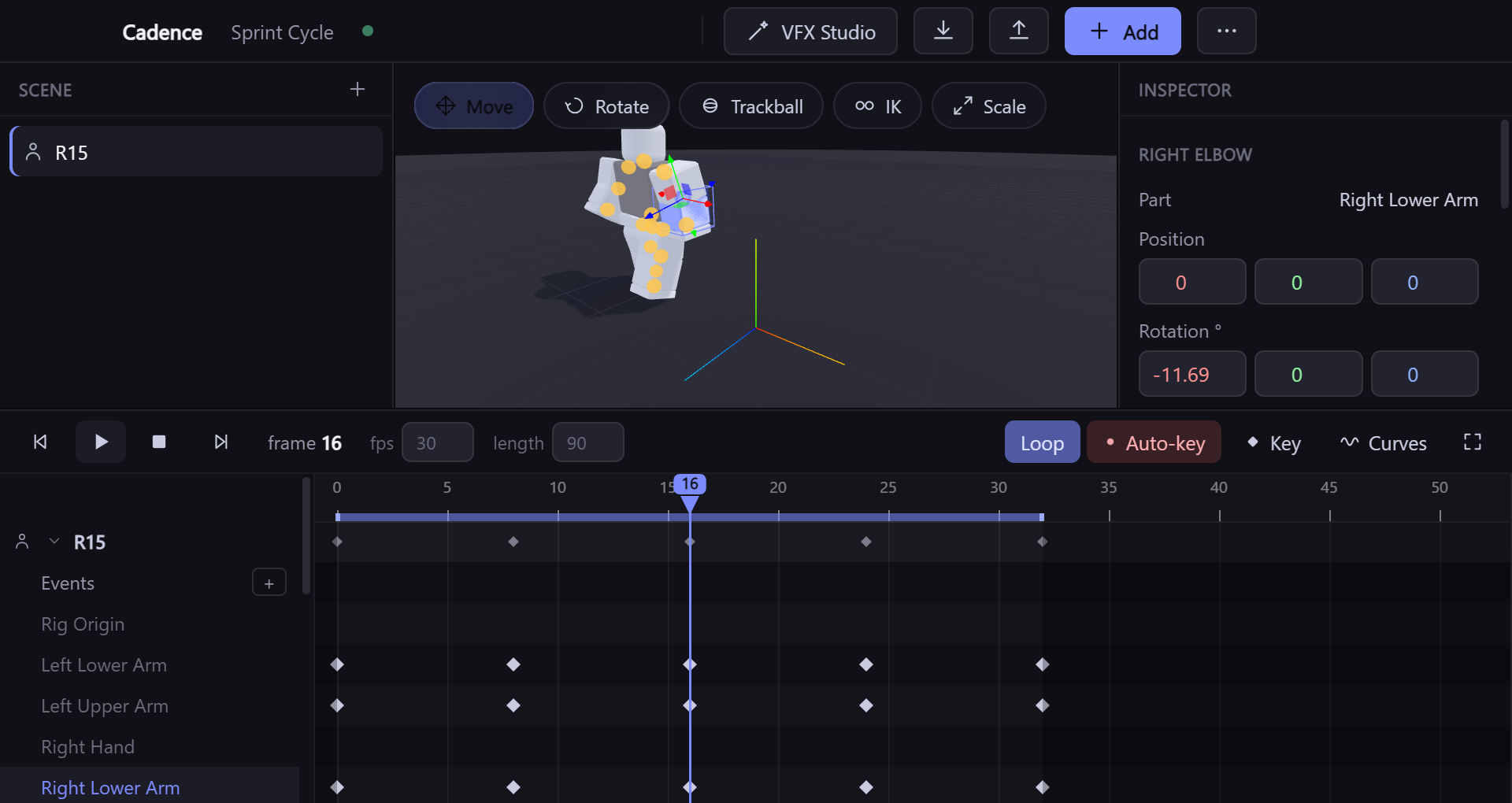 The Cadence Animator window: a scene list on the left, an R15 Roblox rig posed mid-stride in the 3D viewport with a transform gizmo on its right arm, an inspector on the right showing the Right Elbow joint at -11.69 degrees, and a dope-sheet timeline below with keyframes on twelve joint tracks.